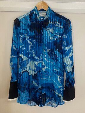 Victoria Beckham Blouse Cobalt Blue Small Cuff Collarless Pleated